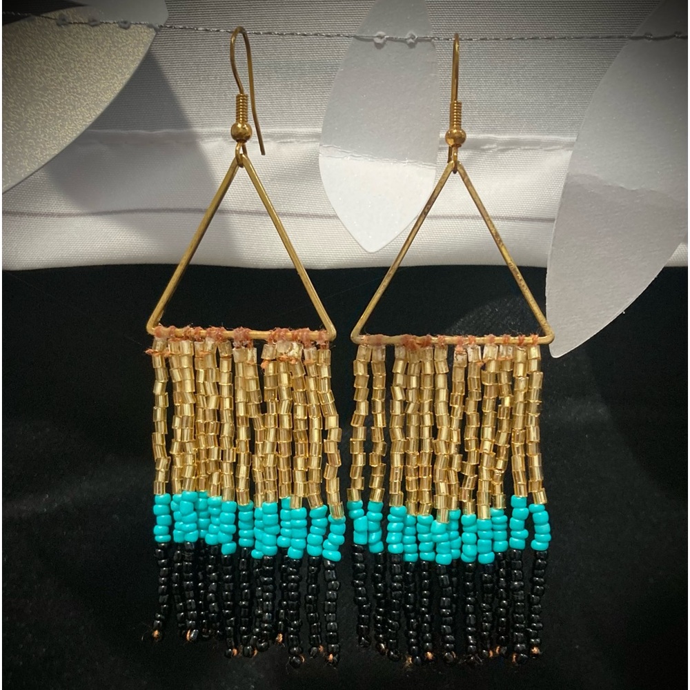 Beaded Fringe Triangle Gold Dangle Earrings